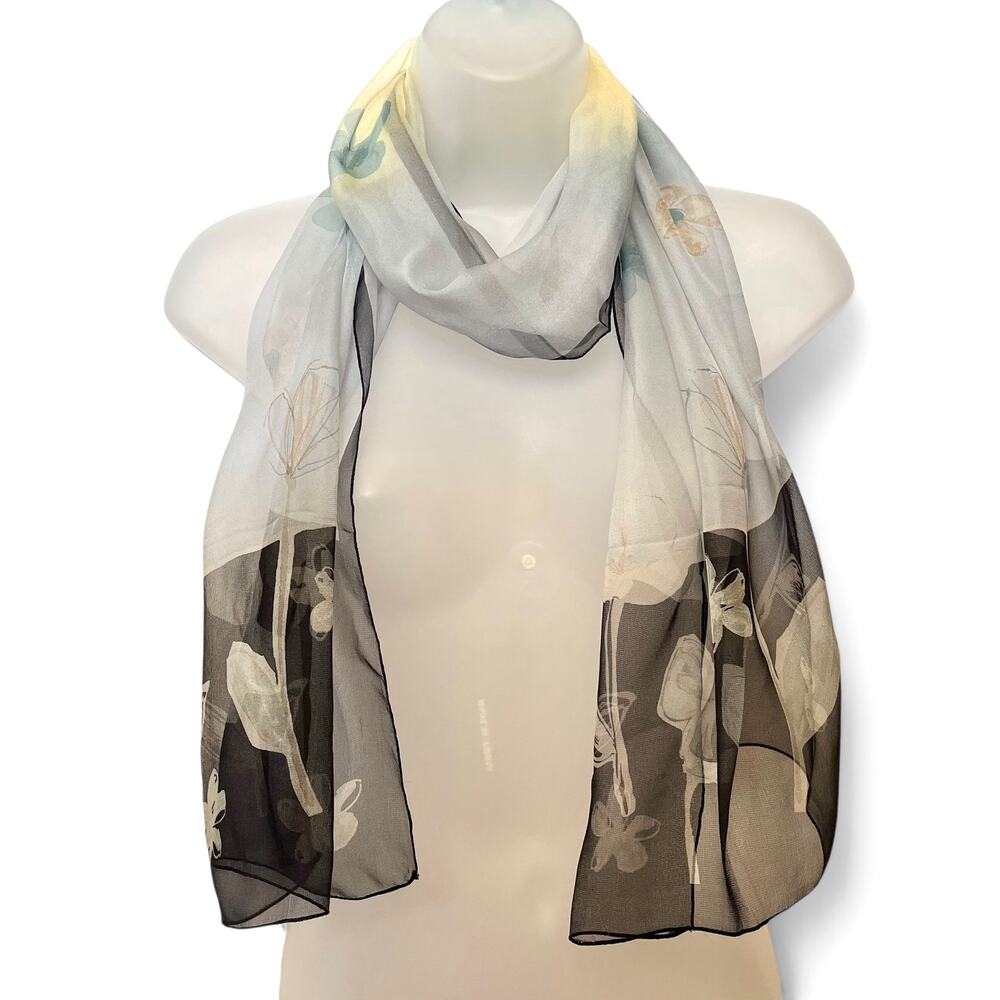 Vintage Pastel Floral Daisy Silk Chiffon Long Scarf - Made in Italy